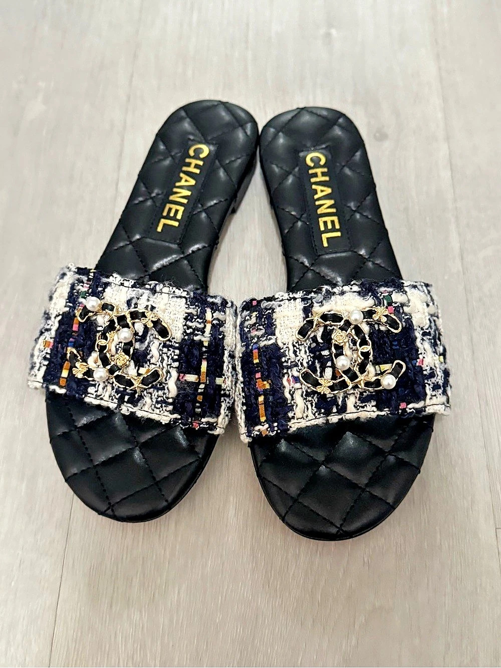 CHANEL Tweed Interlocking CC Logo Flat Slides